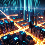 **Prompt:** A futuristic cityscape with glowing data streams representing digital memories, protected by advanced cybersecurity measures. Emphasis on data storage technology like DNA storage and blockchain.