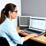 A professional, middle-aged data manager, fully clothed in a modest business casual outfit, meticulously organizing digital files in a modern, well-lit home office. She is seated at a clean wooden desk, surrounded by a Network Attached Storage (NAS) device, multiple external hard drives, and a sleek laptop displaying cloud storage icons. The atmosphere is calm and organized, emphasizing data security. The image features perfect anatomy, correct proportions, natural pose, well-formed hands, proper finger count, natural body proportions, professional photography, high quality, safe for work, appropriate content, fully clothed, modest, family-friendly.
