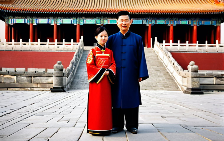 ** A Chinese family (father, mother, and child) fully clothed in traditional Chinese attire, standing in front of the Forbidden City in Beijing, China. Appropriate attire, safe for work, perfect anatomy, natural proportions, professional photography, high quality, family-friendly.

**