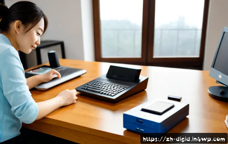 디지털 기억 보존의 변화하는 트렌드 - Photorealistic modern home office illustrating changing digital memory preservation trends, an older...