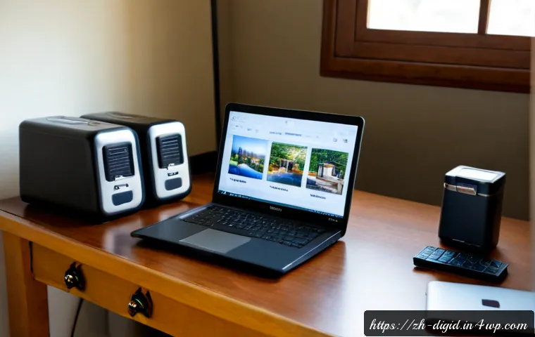 디지털 기억 보존을 위한 안전한 저장소 선택 - Photorealistic home office scene of an older adult carefully organizing family photos on a laptop be...